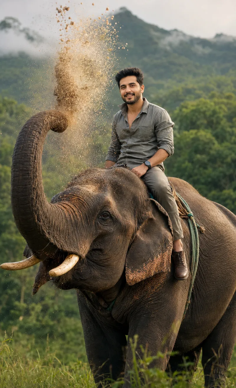 Majestic Elephant Ride: Indian Man's Joyful Adventure - Gemini AI Prompt