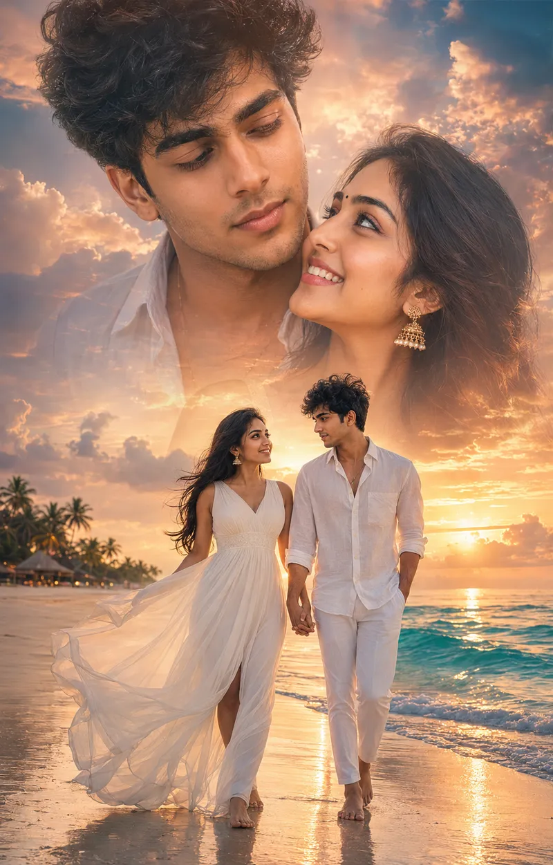 Indian Couple's Dreamy Sunset Romance - Gemini AI Prompt
