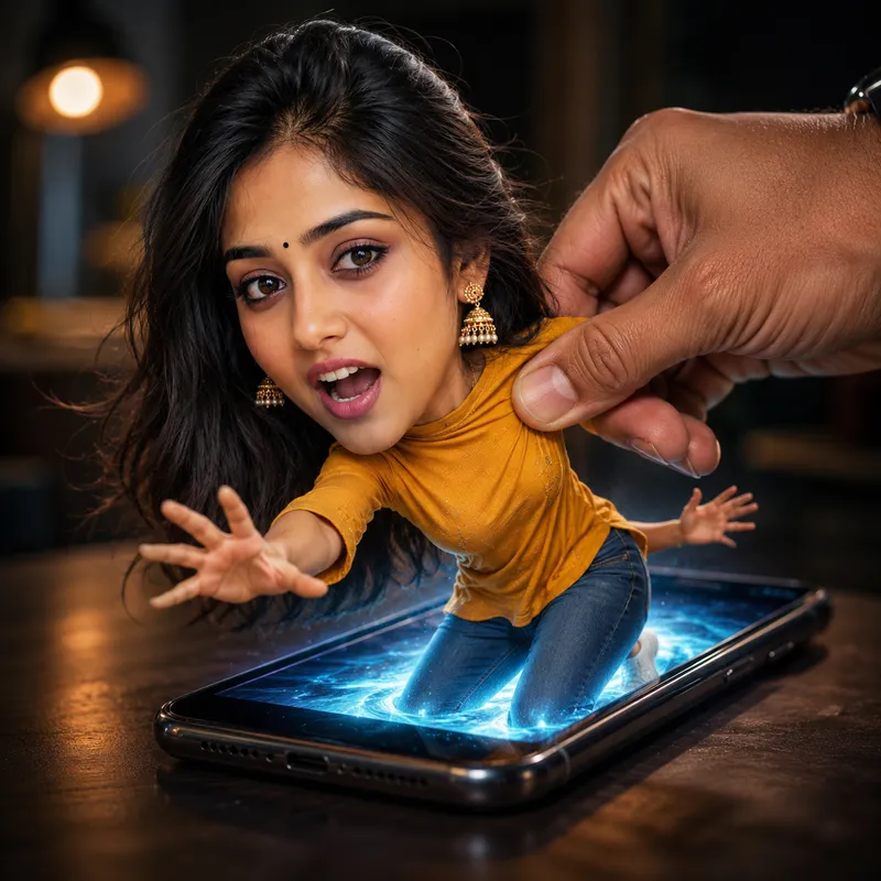Bollywood Girl Caricature Out of Phone | Gemini and chat gpt AI Prompt
