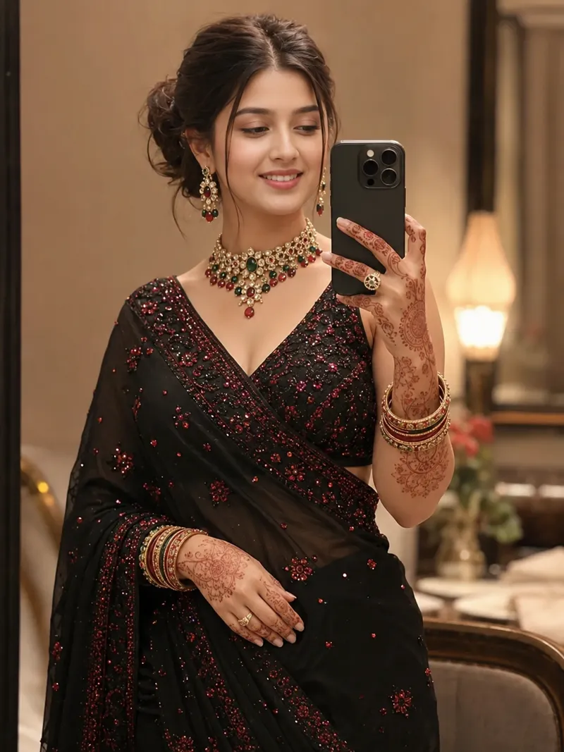 Elegant South Asian Saree Mirror Selfie - Gemini , dall-e AI Prompt