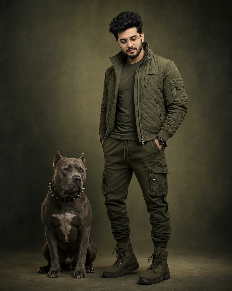 Stylish Indian Man: Cinematic Pitbull Dog AI Prompt