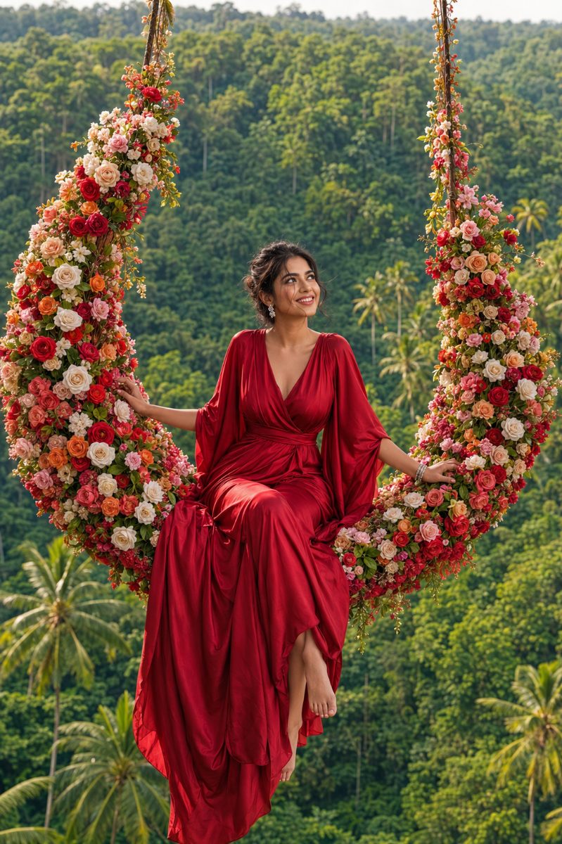 Women in Crimson Silk Gown, Luxury Bali Swing, Gemini AI Prompt