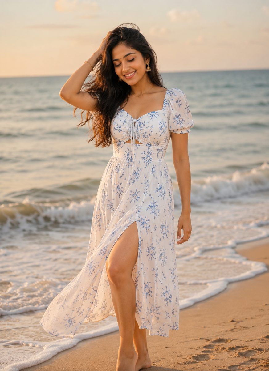 indian women Golden Hour Beach Portrait AI Prompt (Gemini)
