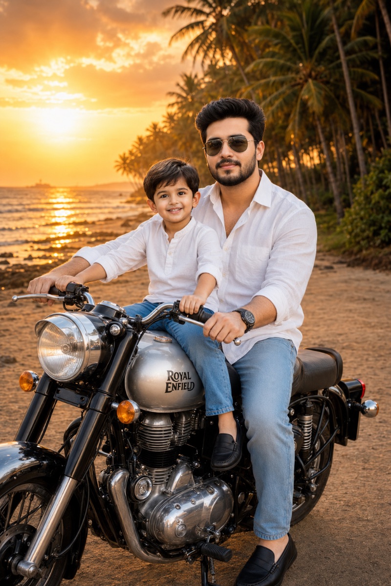 Royal Enfield Sunset Father-Son AI Prompt (Gemini)