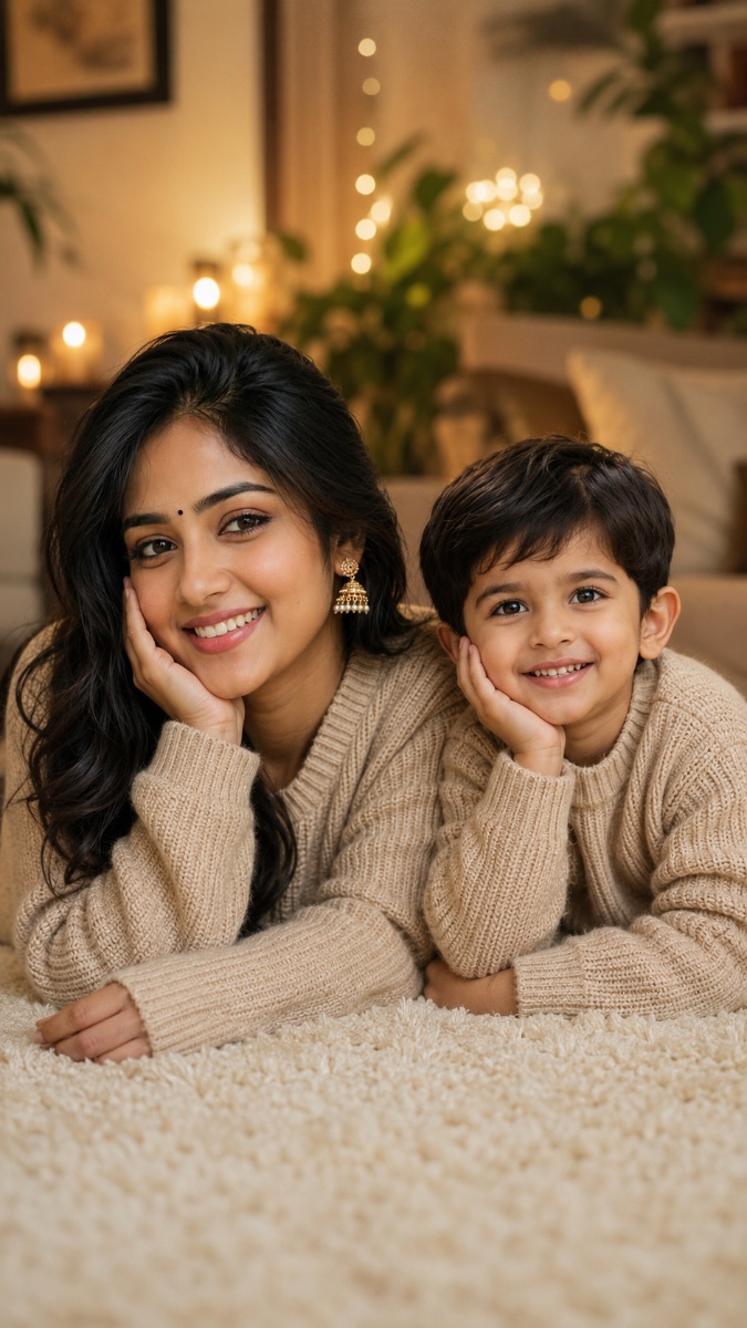 Indian Mother and Son Cozy  AI Prompt