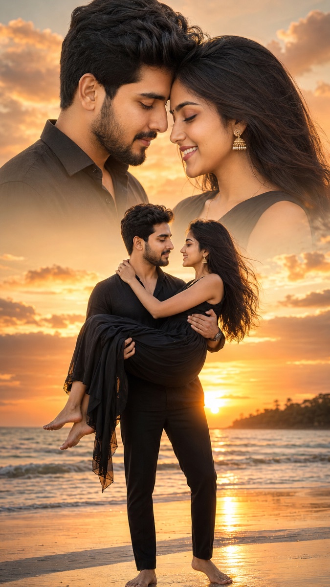 Romantic Indian Couple Sunset Beach AI Prompt
