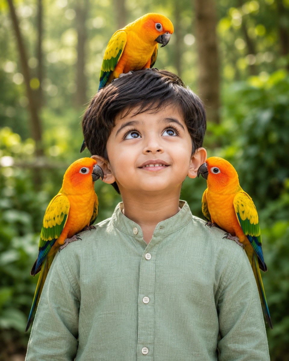 Indian Child with Parrots AI Prompt