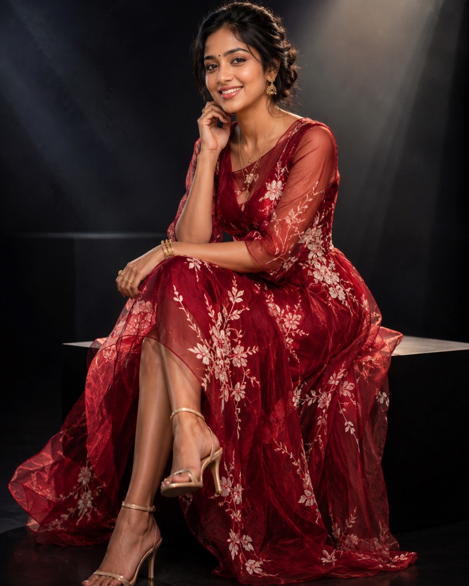 Bollywood Style Ruby Red Gown AI Prompt