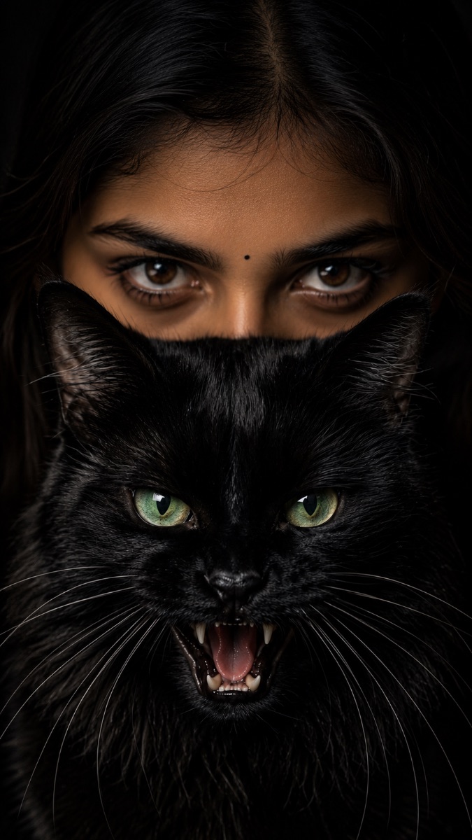 Dark Bollywood Style Cinematic Woman with Cat Midjourney AI Prompt